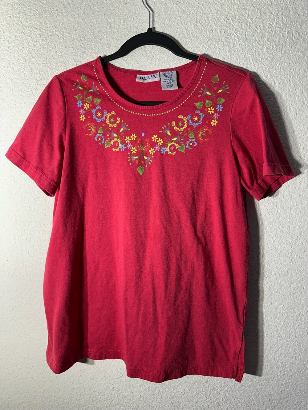 Vintage 90s Blair Red Floral Scoop Neck Short Sleeve Top Size Medium